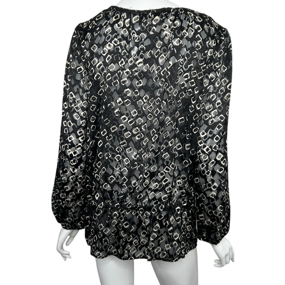 Chico's Size 1 Geometric Print Top Tunic Black & Beige Sheer Long Sleeve Shirt - Picture 8 of 16